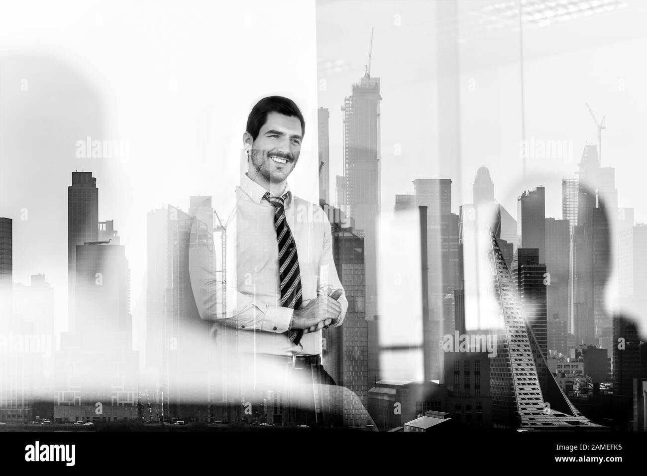 Confident company leader on business meeting against new york city manhattan buildings and skyscrapers window reflection. Stock Photo