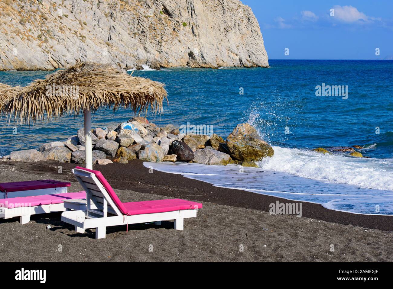 Perissa Beach at Santorini, Greece Stock Photo