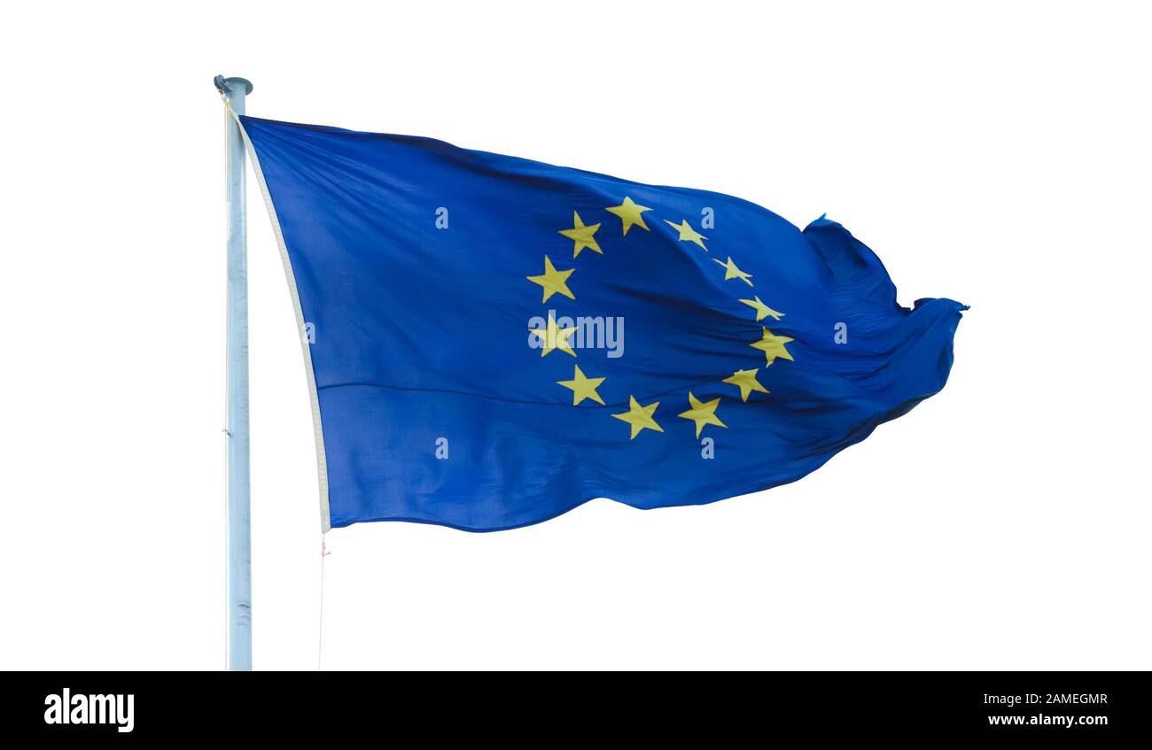 Flag of European Union at flagpole isolated on white background Stock Photo