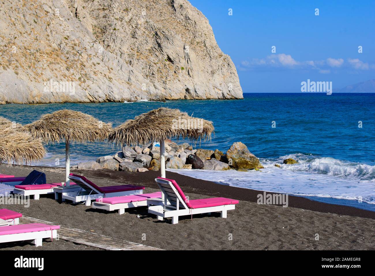 Perissa Beach at Santorini, Greece Stock Photo