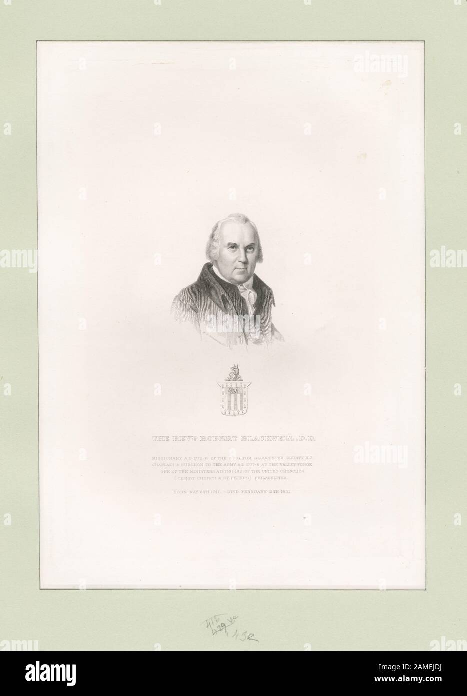 The Revd Robert Blackwell, DD  Includes photomechanical reproductions. Printmakers include Francesco Bartolozzi, William Russell Birch, Asher Brown Durand, James Barton Longacre, Archibald Robertson, Samuel Sartain & Hezekiah Wright Smith.  Draughtsmen include David McNeely Stauffer. Title from Calendar of Emmet Collection. EM10281 Statement of responsibility : W.G. Armstrong; The Revd. Robert Blackwell, D.D.... Stock Photo