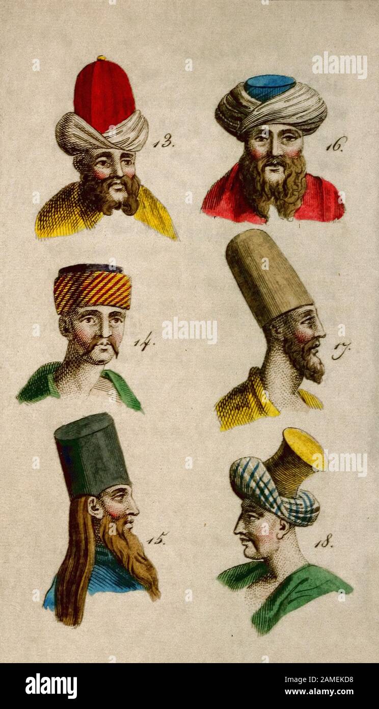 History of Ottoman empire. Headgear of early 19th century. 13 - the caouk of the distinguished clerics of Cairo. 14 - turban of some Greek merchants o Stock Photo