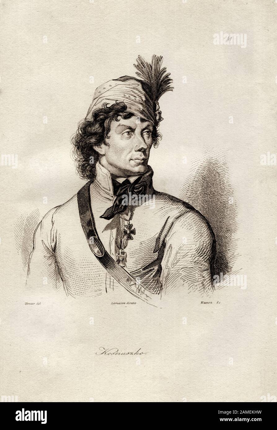 Tadeusz Kosciuszko (1746-1817). Published by Lemaitre, Parizh, 1840 Andrzej Tadeusz Kosciuszko (Andrew Thaddeus Kosciuszko; 1746 – 1817), a Polish-Lit Stock Photo