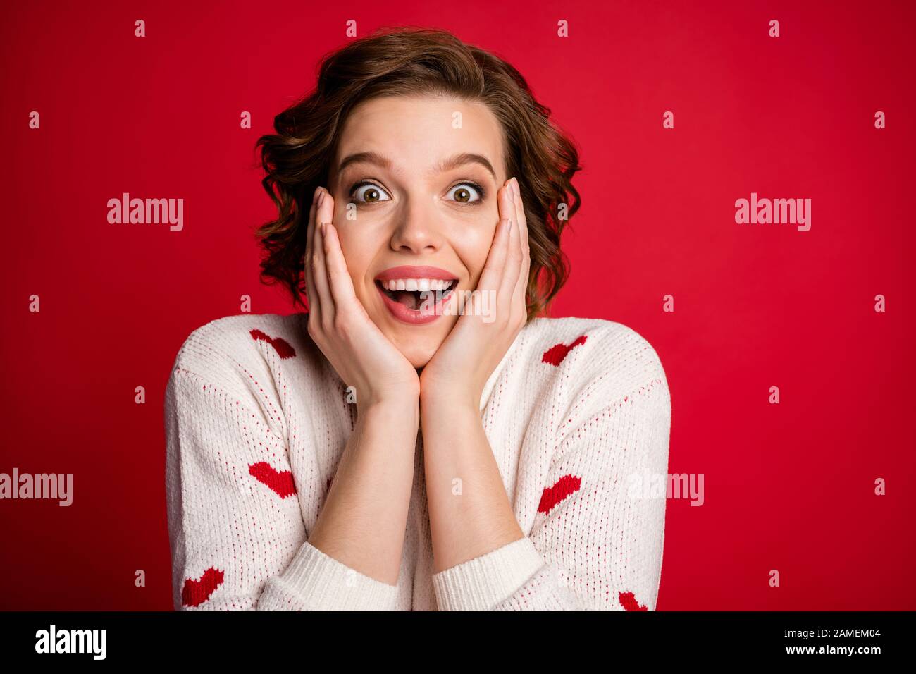 Close up photo of funny cheerful positive girl look incredible romantic ...