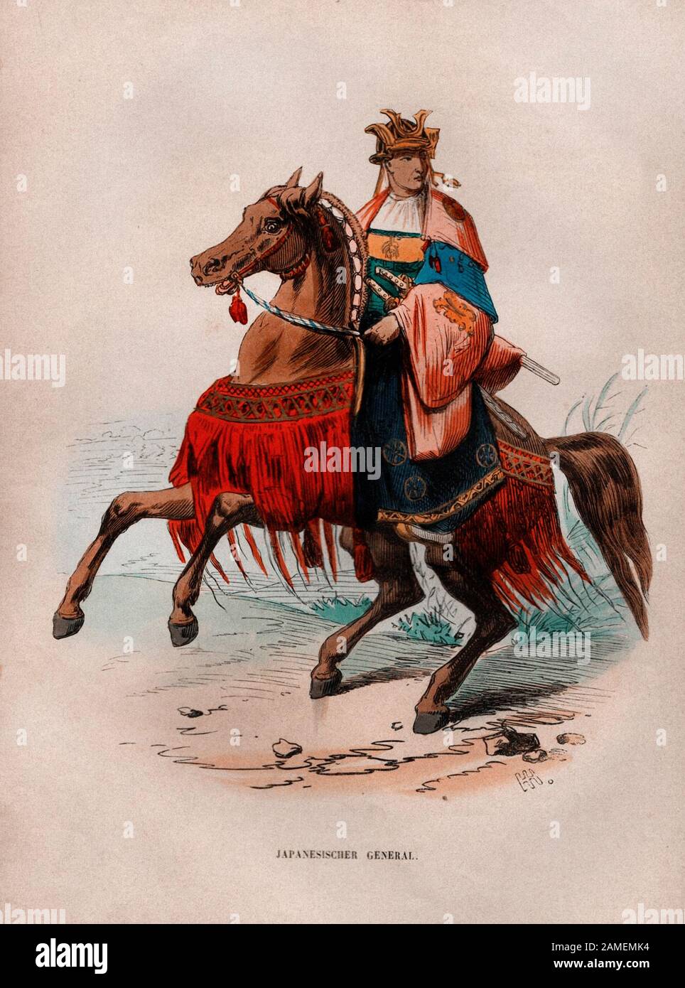 Engraving of warrior on horseback, ' Japanese General on horseback'. 19th century Stock Photo