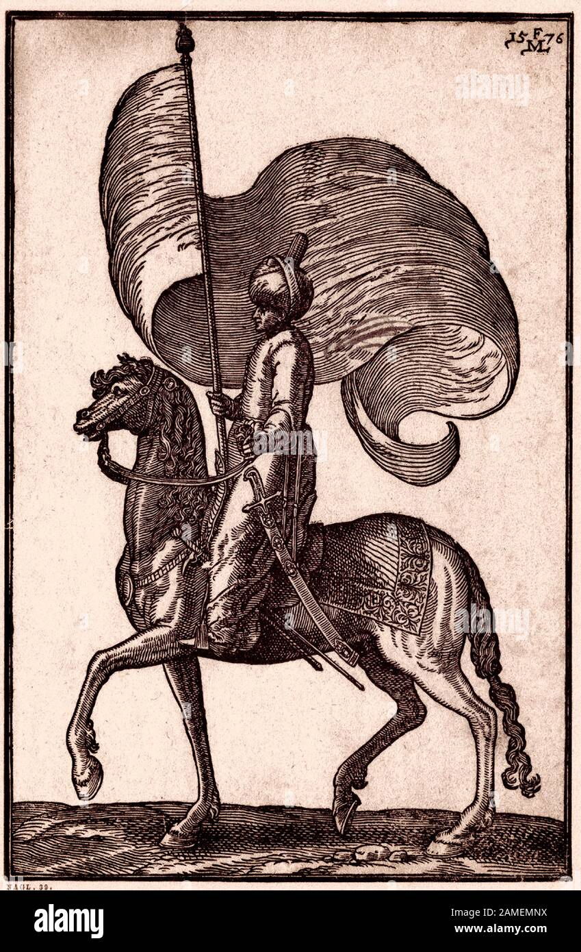The history of Ottoman Empire. A standard bearer on horseback. By Melchior Lorck. 16th century Stock Photo