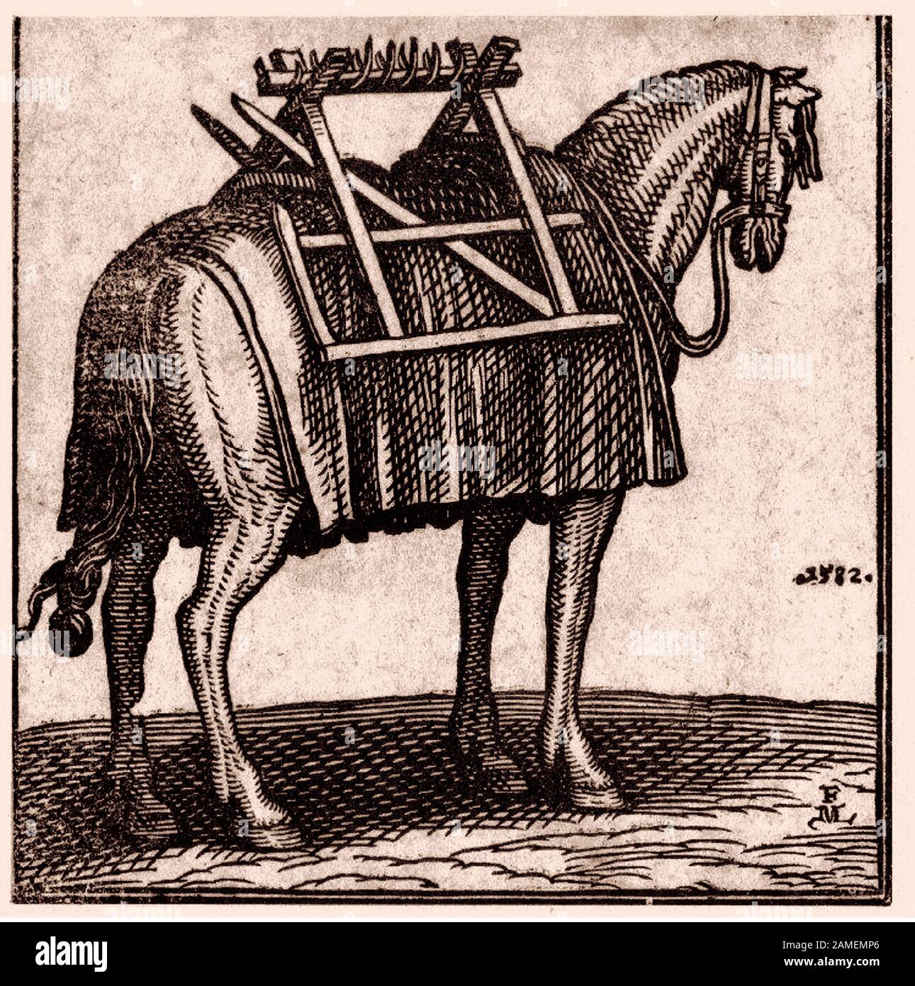 The history of Ottoman Empire. Turkish cavalry. A sumpter horse. By Melchior Lorck. 16th century