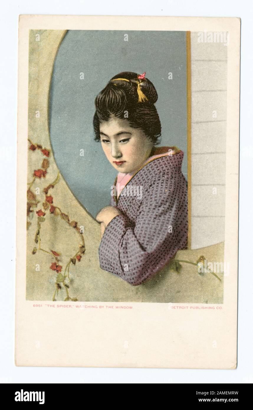 The Spider Watching by the Window, Japanese  Postcard series number: 6951 1902-1903. Transitioned to full-size illustration, when postal regulations permitted address and message together on reverse.; The Spider Watching by the Window, Japanese Stock Photo