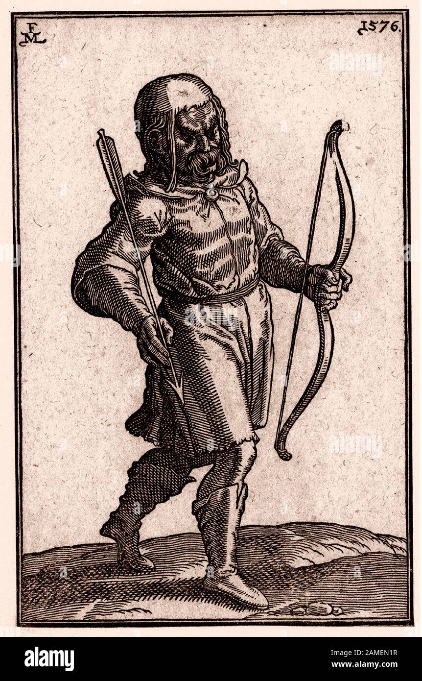 The history of Ottoman Empire. A Tartar archer walking. By Melchior Lorck. 16th century Stock Photo