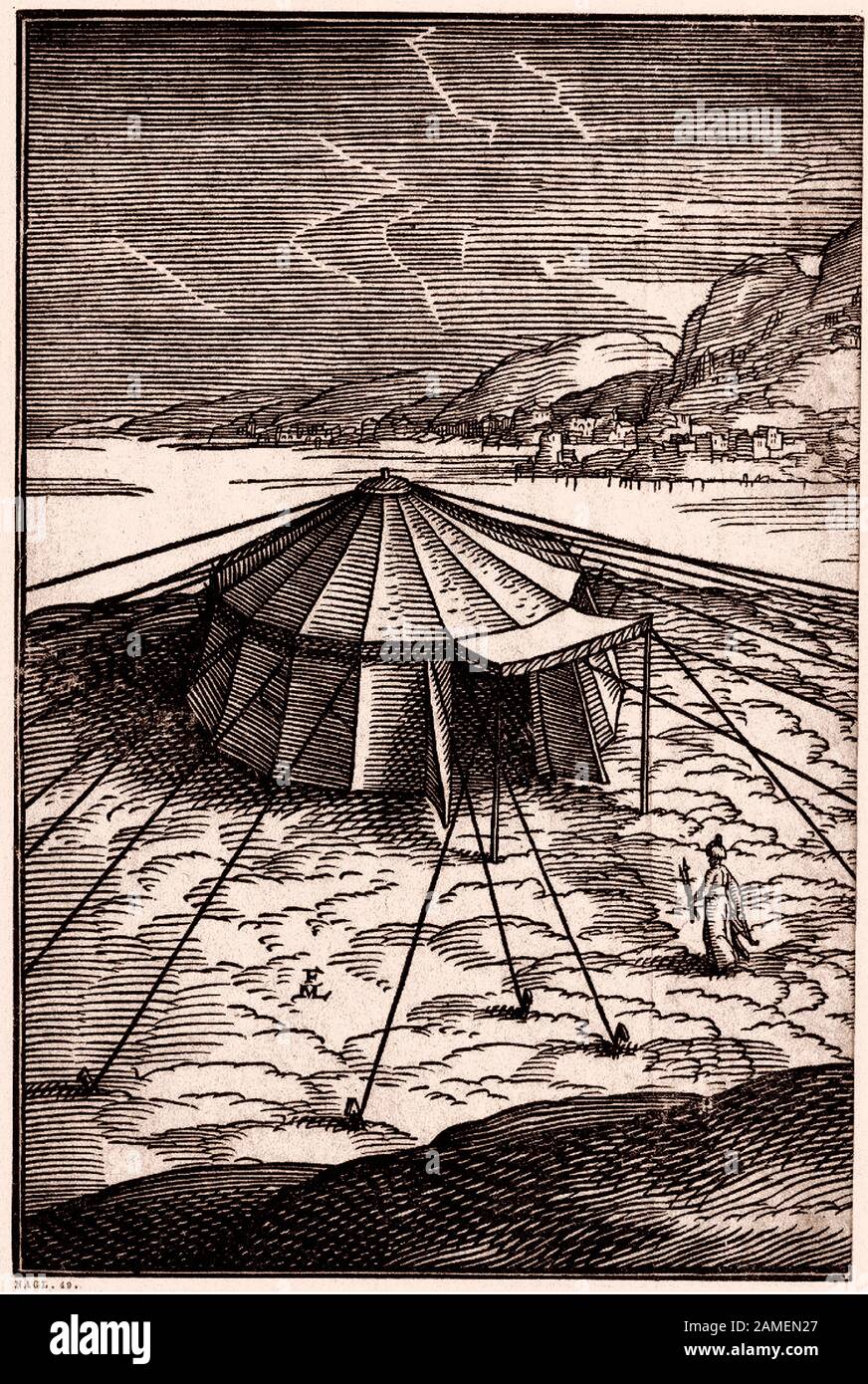 The history of Ottoman Empire. A tartar tent beside a river. By Melchior Lorck. 16th century Stock Photo