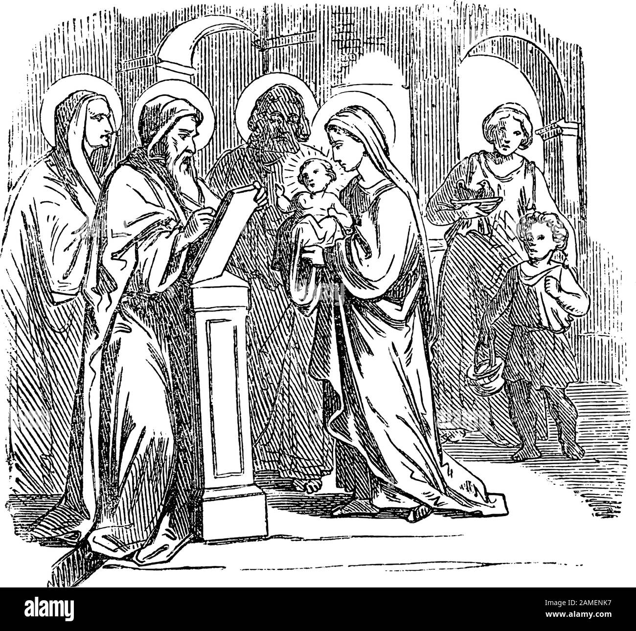 Vintage drawing or engraving of biblical story of baby Jesus presented in temple with mother Mary, father Saint Joseph, Simeon and prophet Anna.Bible, New Testament,Luke 2. Biblische Geschichte , Germany 1859. Stock Vector