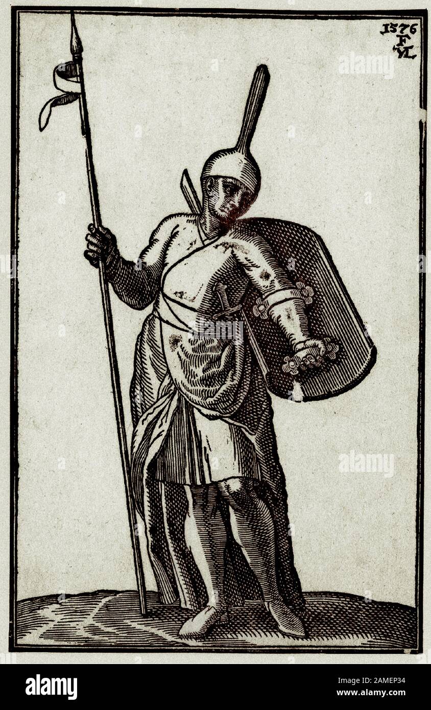 The history of Ottoman Empire. Turkish foot soldier is wearing a high, pointed helmet; holding a lance and a shield. By  Melchior Lorck. 16th century Stock Photo