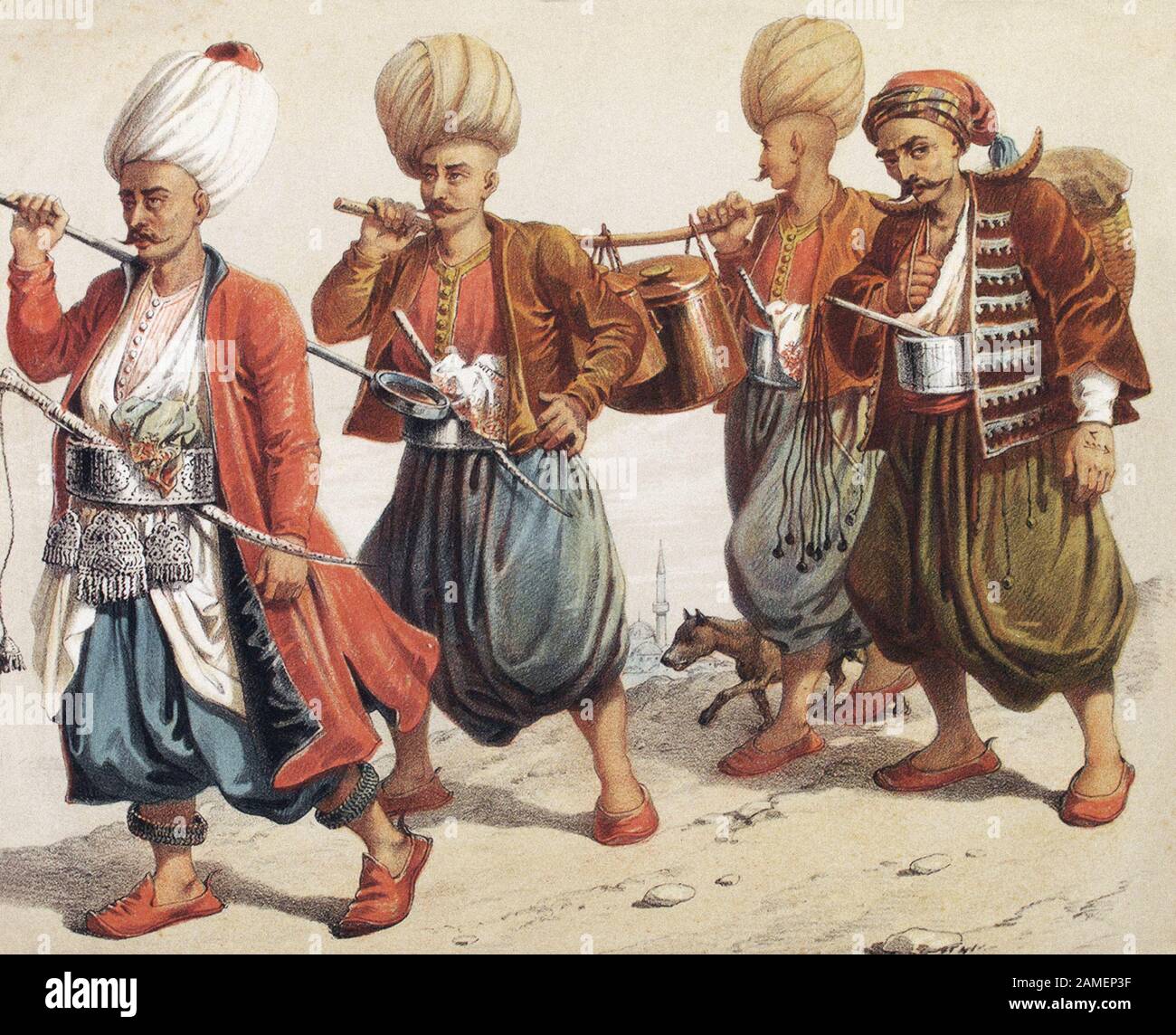 The history of Ottoman Empire. Distribution of soup (to the guard). Bach-Karakoulouktchou (Chef-in-chief - Officer). Karakoulouktchou (Marmitons). Ort Stock Photo