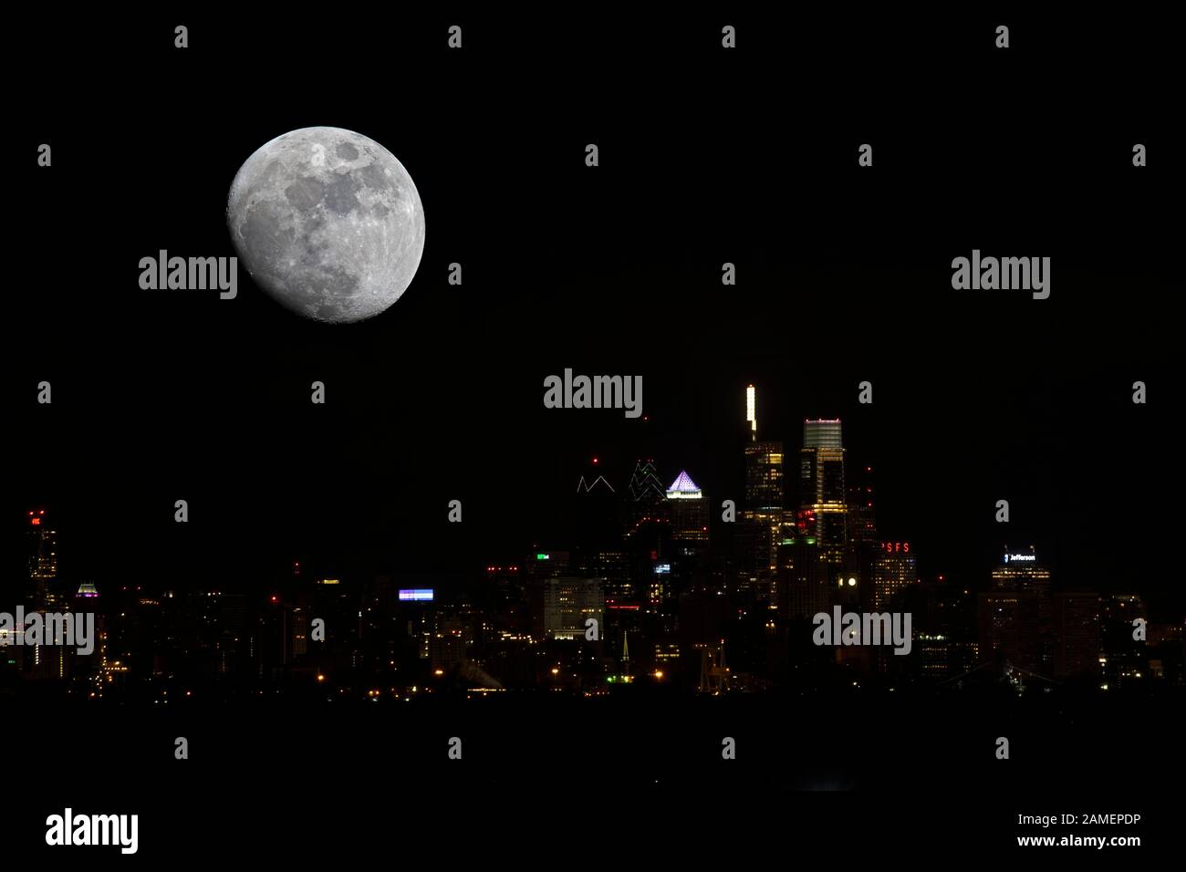 Moon Setting over the City of Philadelphia Stock Photo