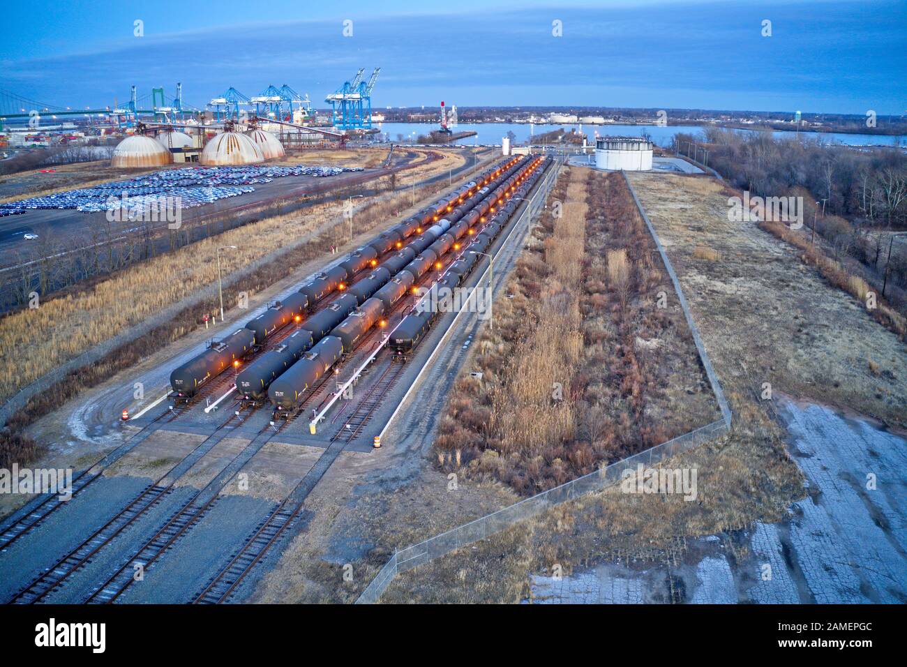 Train Rail Yard with Tanker Cars and Tanks Stock Photo