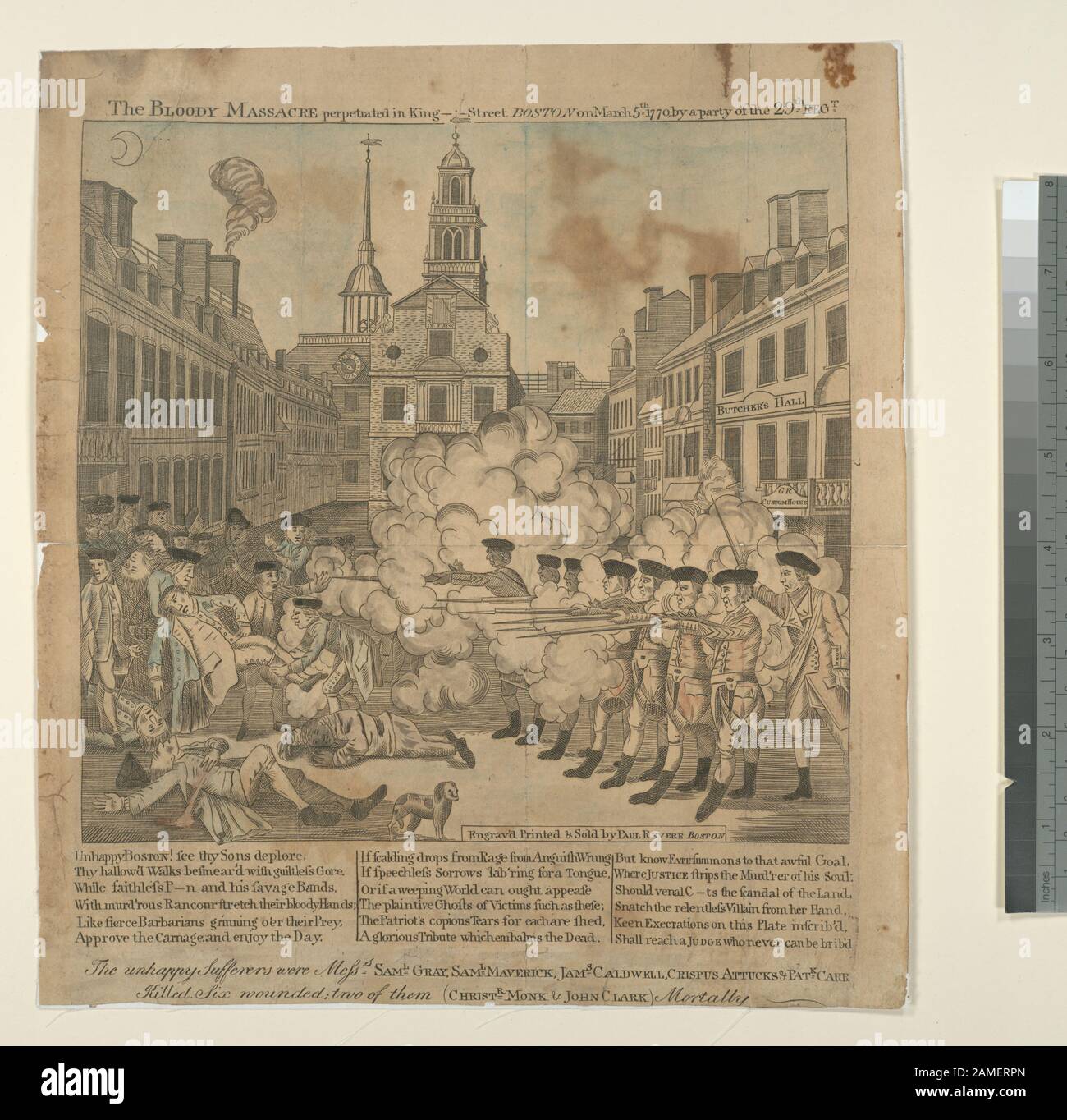 The bloody massacre perpetrated in King-Street, Boston on March 5th 1770, by a party of the 29th regt  Stokes 1770-C-10 Print contains 3 stanzas of poetry in the lower margin. Print depicts March 5, 1770. See also Deák 127. Anonymous 1832 color engraving after Paul Revere's engraving published in 1770. Copied from the more elaborate engraving by Henry Pelham shown as entry 127 Deák 128; The bloody massacre perpetrated in King-Street, Boston on March 5th 1770, by a party of the 29th regt. Stock Photo