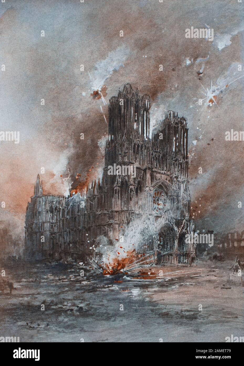 The Reims Cathedral on fire. The Destruction of the Cathedral of Reims, 1914. By G. Fraipont On 20 September 1914, German shellfire burned, damaged an Stock Photo