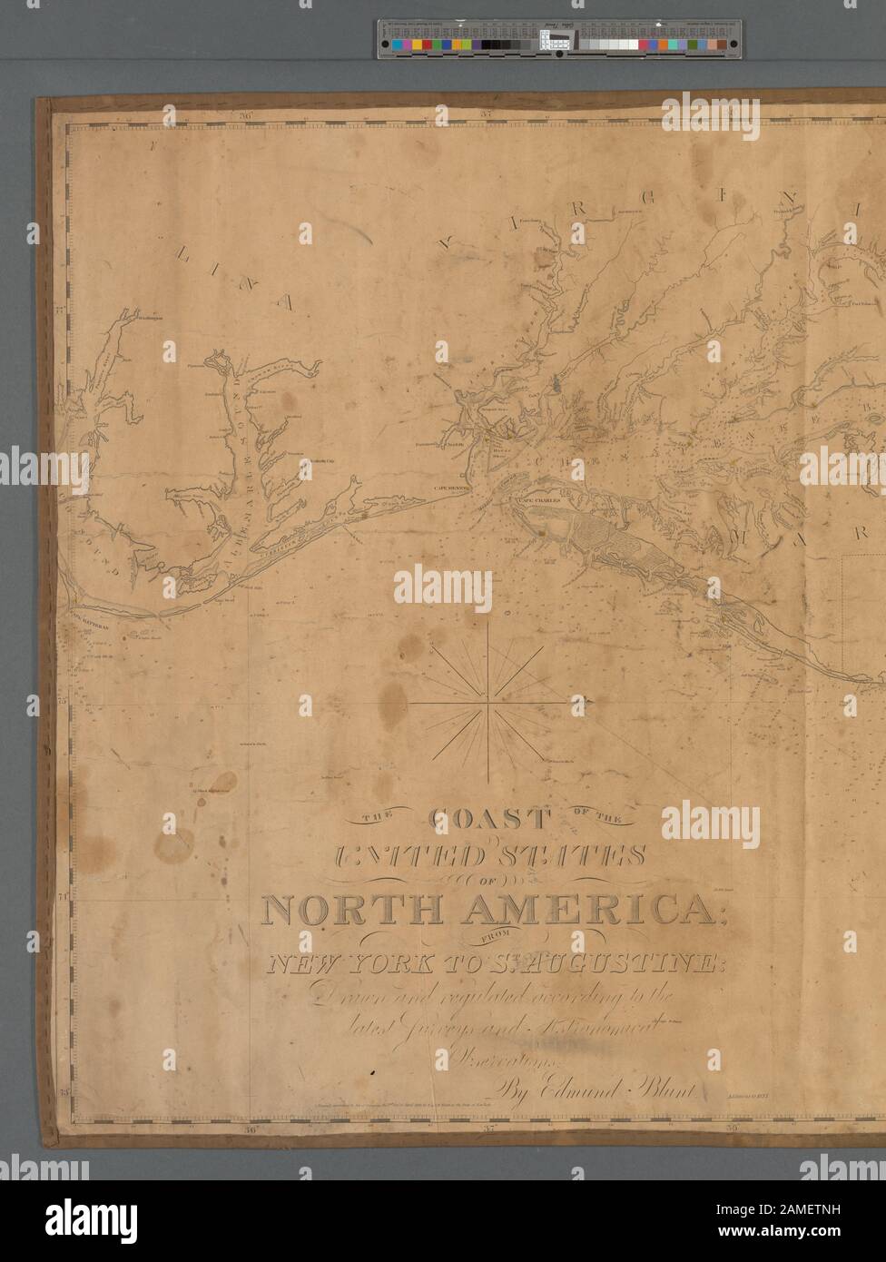 The coast of the United States of North America from New York to St Augustine  Covers New York to Cape Hatteras. Depths shown by soundings. Relief shown by hachures.   Oriented with north to the right. Scale [ca. 1:875,000] (W 77°55ʹ--W 72°55ʹ/N 41°00ʹ--N 35°15ʹ) Mapping the Nation (NEH grant, 2015-2018); The coast of the United States of North America from New York to St. Augustine Stock Photo