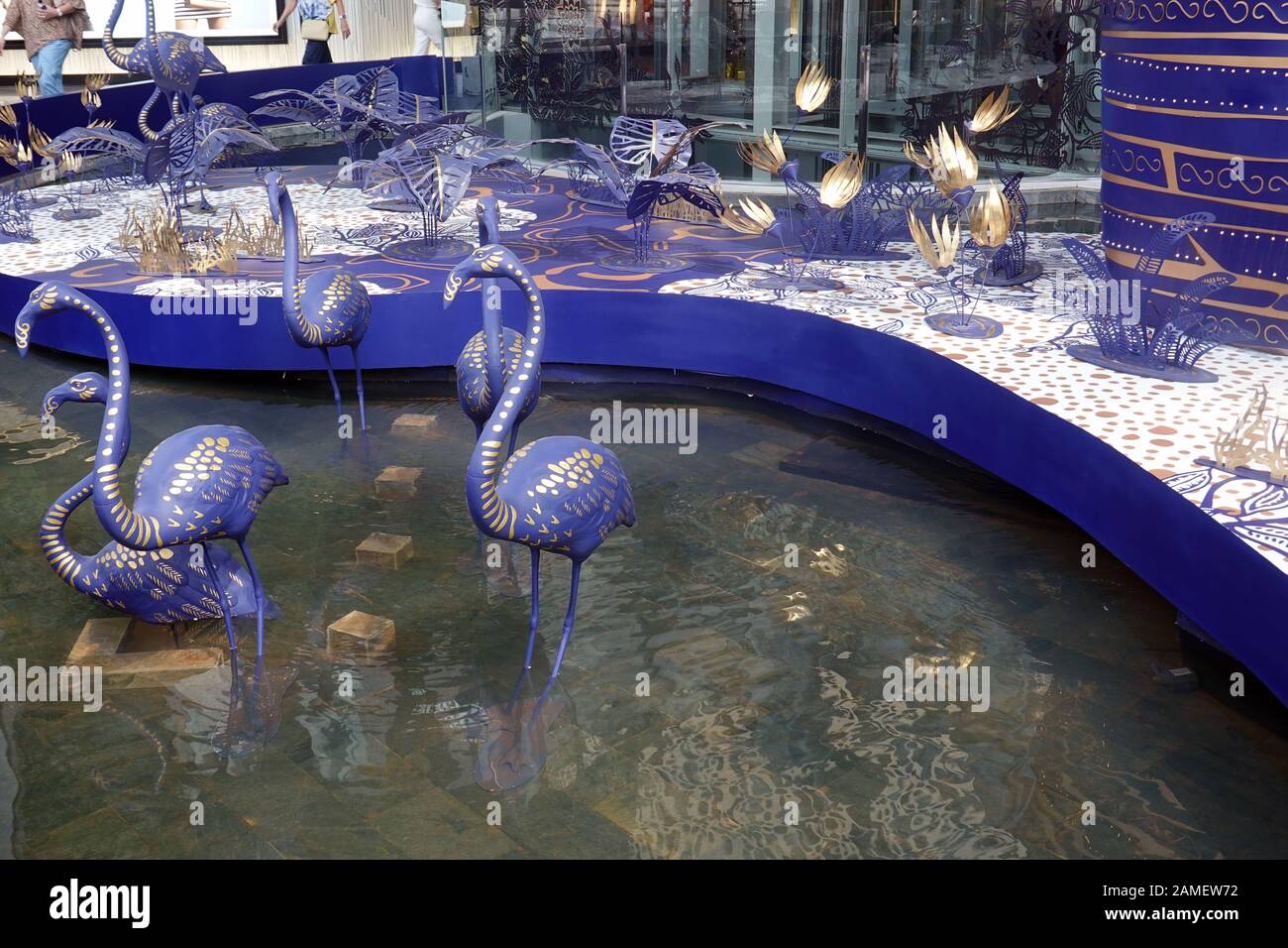 Bangkok, Thailand - December 21, 2019: Blue flamingos in Siam Paragon shopping mall. Stock Photo