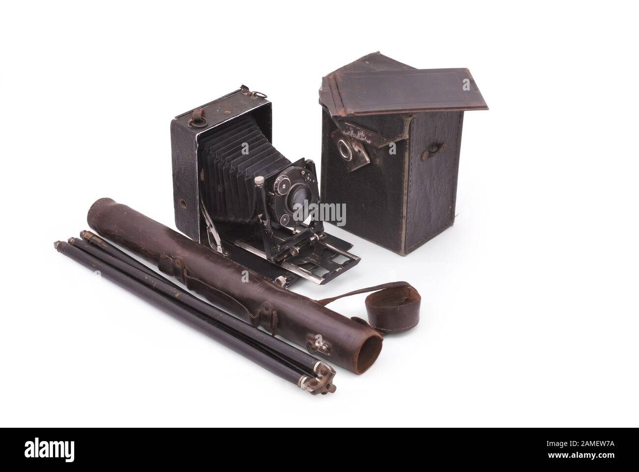 German old camera. The early of the 20th century. Path on white background. Stock Photo