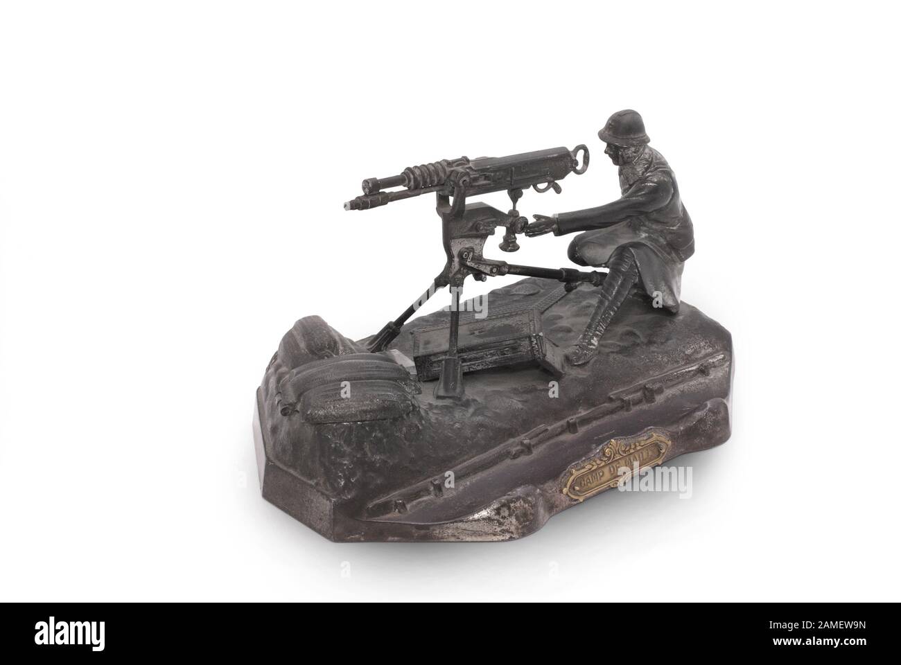 desk set (inkwell) in form of French machinegunner from period WW1. In memory of battle by Mailly. France. 1914-18. Stock Photo