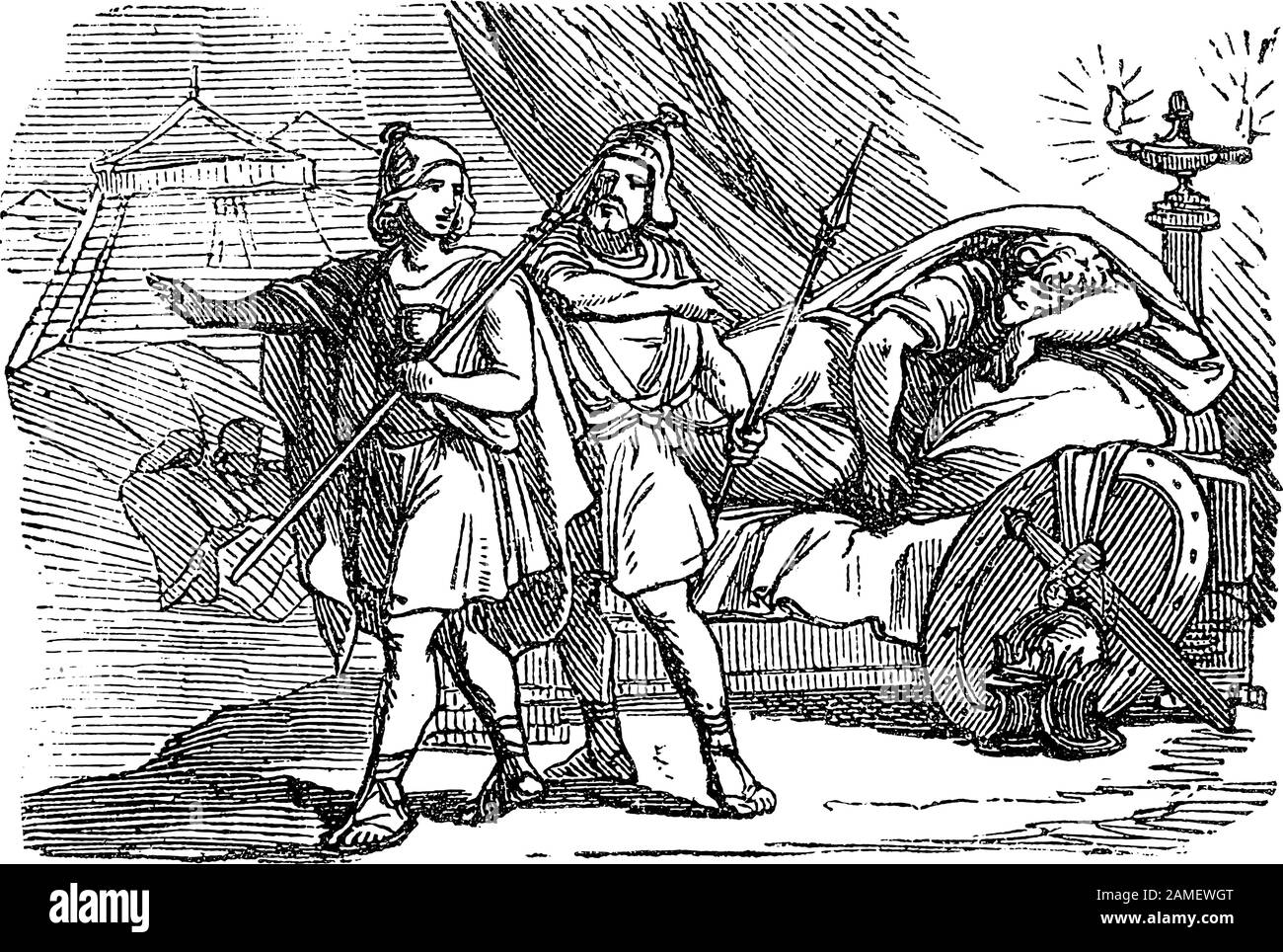 Vintage drawing or engraving of biblical story of David and Abishai spares life of sleeping king Saul in his camp and taking spear instead.Bible, Old Testament,1 Samuel 26. Biblische Geschichte , Germany 1859. Stock Vector
