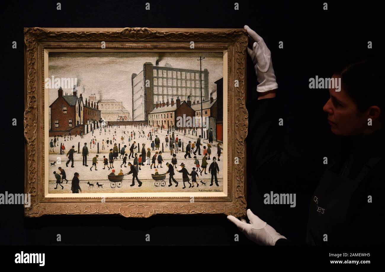Christie’s, London, UK. 13th January 2020. Christie’s London launch the 20th Century auction series in London with an evening sale of Modern British Art on 21st January 2020, including works by Henry Moore, L.S. Lowry, Hockney Nicholson and Piper. Image: L.S. Lowry, R.A. (1887-1976), The Mill, Pendlebury, painted 1943, estimate £700,000-1,000,000. Credit: Malcolm Park/Alamy Live News. Stock Photo