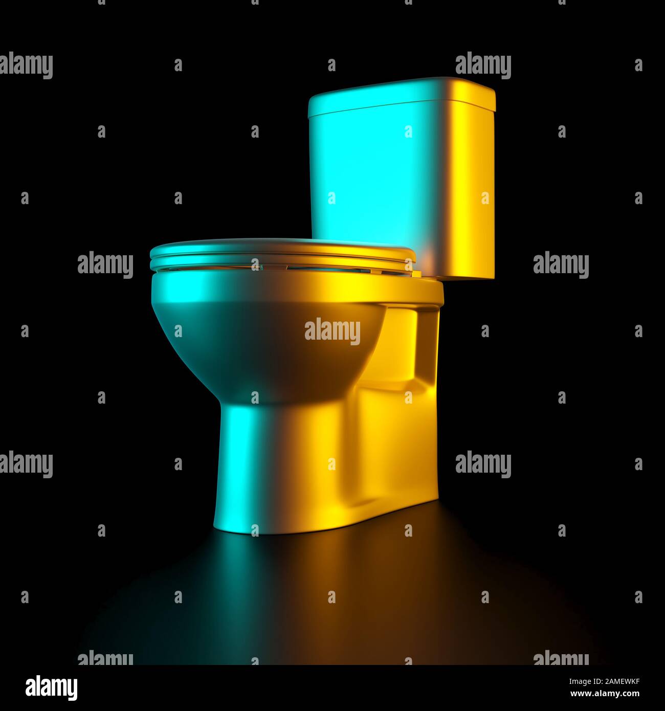 gold toilet bowl on a black background. Concept of luxury and exclusivity. nobody around. 3d render image. Stock Photo