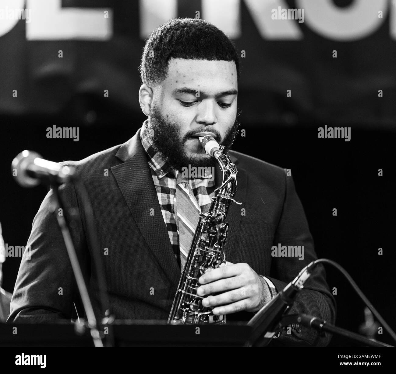 New York, United States. 12th Jan, 2020. Kasan Belgrave performs during From Detroit to the World concert celebrating Marcus Belgrave as part of Winter Jazz Festival at (le) Poisson Rouge (Photo by Lev Radin/Pacific Press) Credit: Pacific Press Agency/Alamy Live News Stock Photo