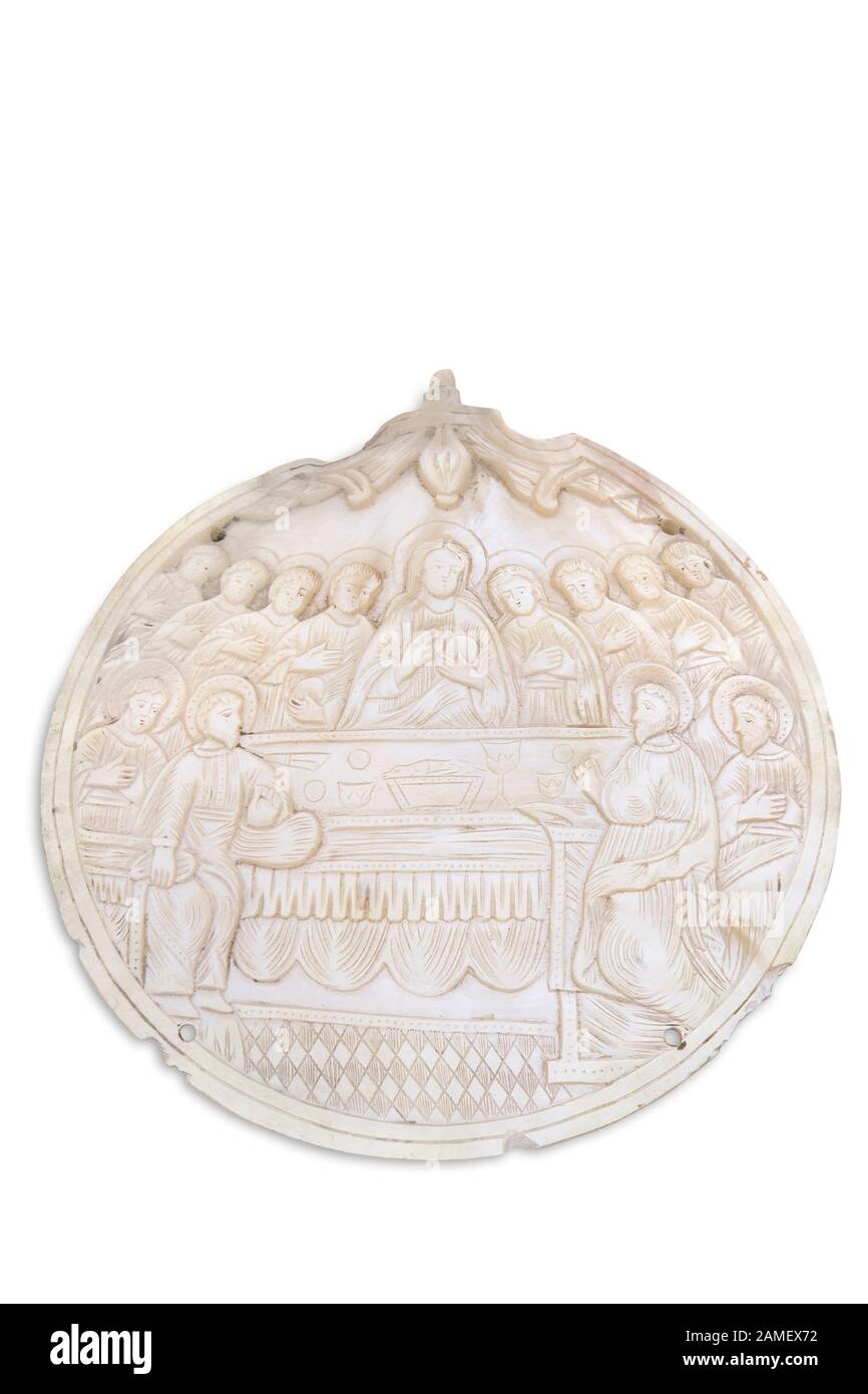 Last [Lord's] Supper icon cutout from mother-of-pearl (nacre). Russia, 19th century. Stock Photo