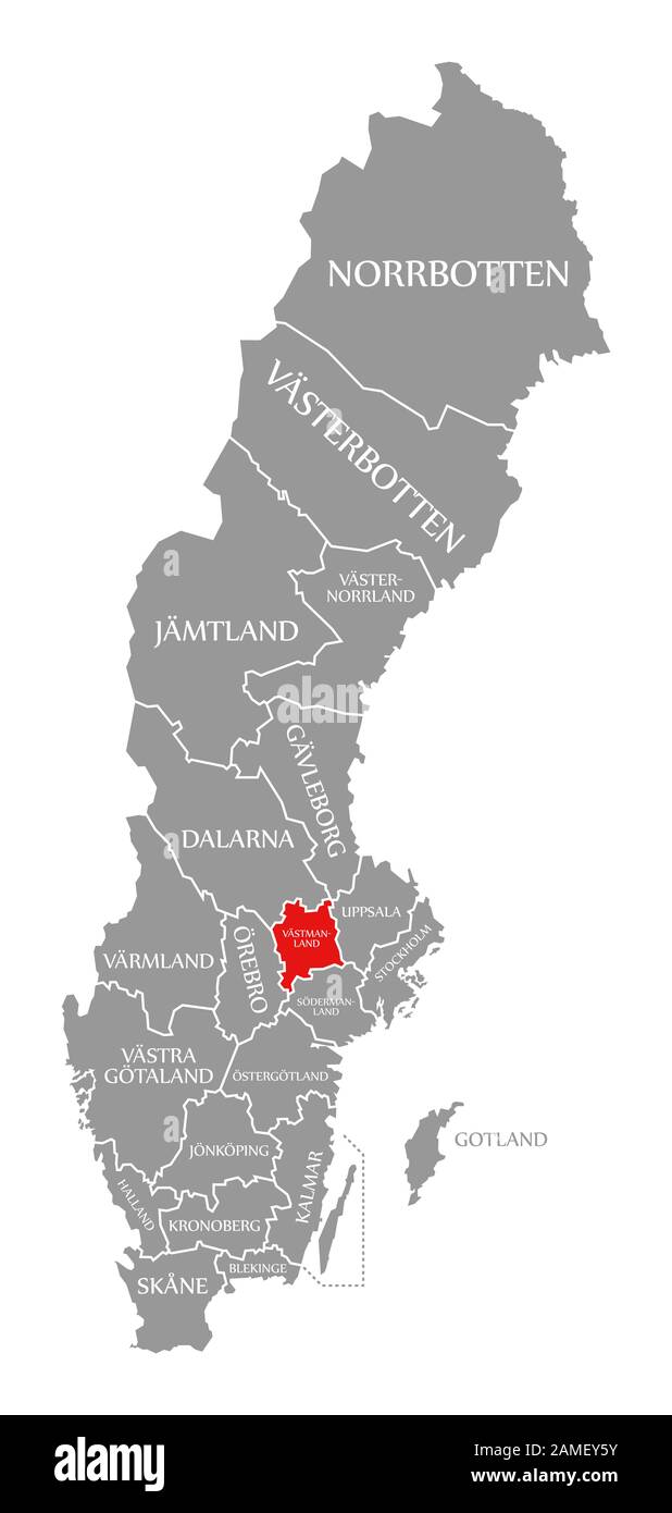 Vastmanland red highlighted in map of Sweden Stock Photo