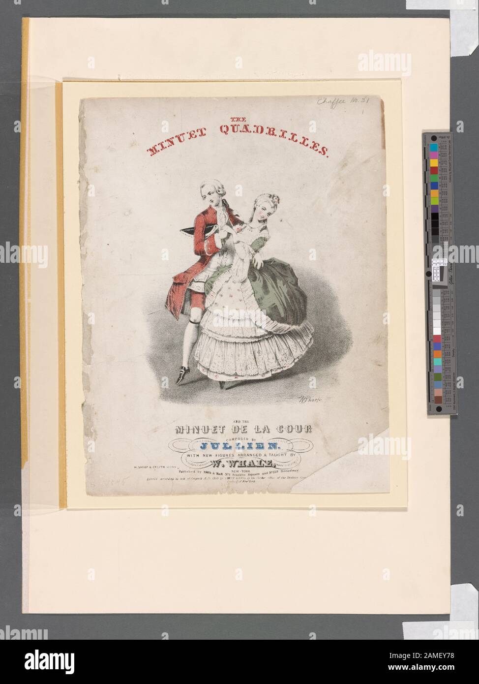 The minuet quadrilles And The minuet de la cour composed by Jullien  Elssler on left in travesty, Cerrito on right, both wearing period costumes from the 17th century. Depicts them dancing together.; The minuet quadrilles. And The minuet de la cour composed by Jullien. Stock Photo
