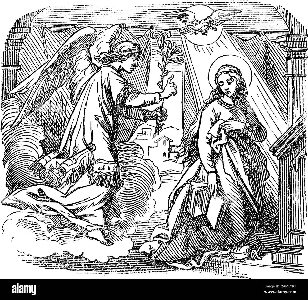 Vintage drawing or engraving of biblical story of angel Gabriel speaking to virgin Mary about immaculate conception and birth of Jesus.Bible, New Testament,Luke 1. Biblische Geschichte , Germany 1859. Stock Vector