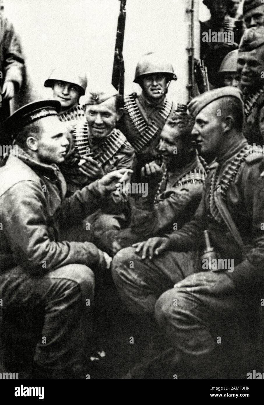 Soviet marines settled on the deck of a transport ship during the transition to Shumshu Island. Kuril landing operation, Soviet-Japanese war. Kuril Is Stock Photo