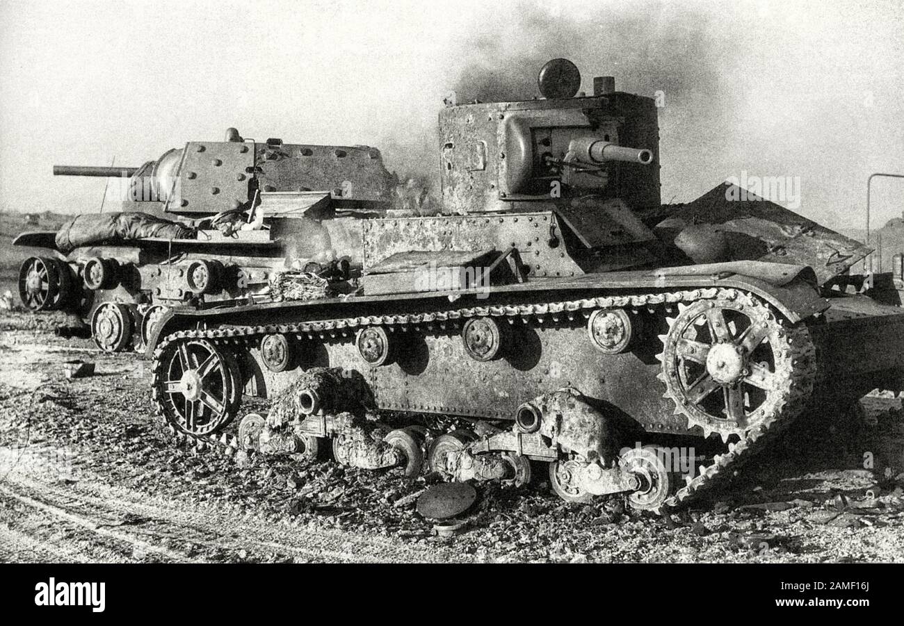 Destroyed Soviet T-26 light tank and KV-1 heavy tanks from the 3rd tank division of the Red Army, lost on July 5, 1941 in battles against the German 1 Stock Photo