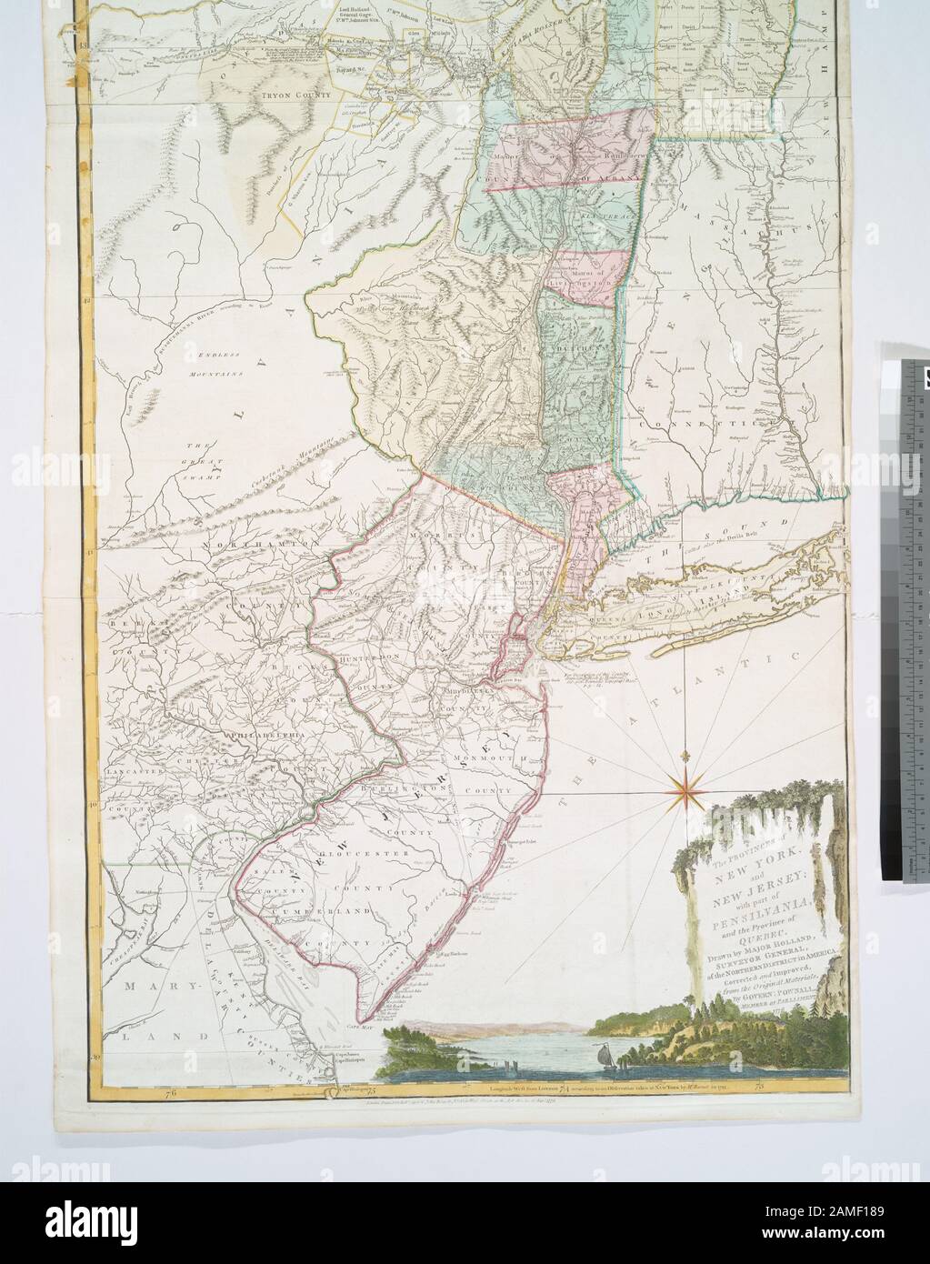 The provinces of New York, and New Jersey - with part of Pensilvania and the province of Quebec  Relief shown pictorially. Citation/Reference: LC Maps of North America, 1750-1789, 1045 Citation/Reference: Phillips 1166 Shows administrative divisions. Appears in Thomas Jeffery's American atlas. 1776. Insets: A chart of the mouth of Hudson's River, from Sandy Hook to New York -- A plan of the city of New York -- Plan of Amboy, with its environs, from an actual survey. No. 17 stamped on verso, upper right corner.; The provinces of New York, and New Jersey : with part of Pensilvania and the provin Stock Photo