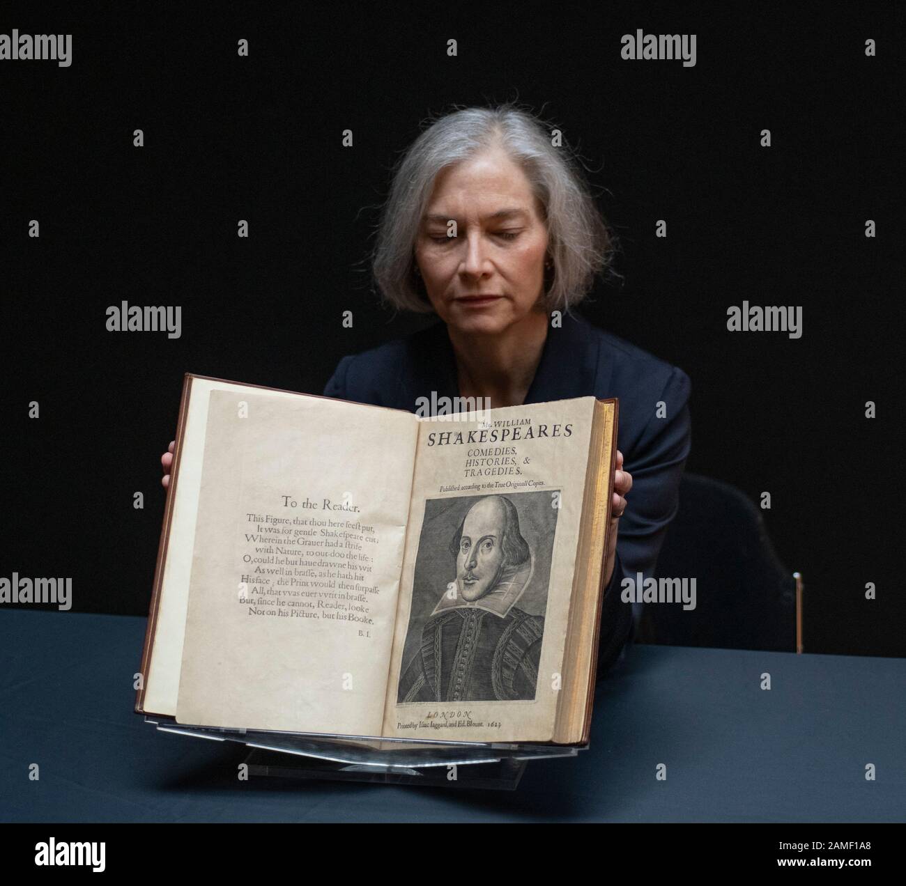Christie’s, London, UK. 13th January 2020. Christie’s London unveil a rare complete copy of William Shakespeare’s First Folio, 'Comedies, Histories, & Tragedies', a complete copy of the greatest work of the English language and of world literature published in 1623. Estimated at US$4,000,000-6,000,000, the First Folio will be auctioned at Christie’s in New York on 24 April 2020. Credit: Malcolm Park/Alamy Live News. Stock Photo