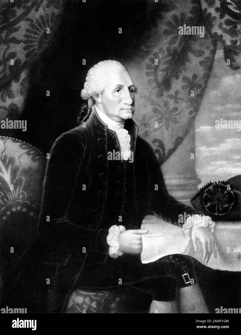 Vintage portrait of George Washington (1732 - 1799) – Commander of the Continental Army in the American Revolutionary War / War of Independence (1775 – 1783) and the first US President (1789 - 1797). The 1793 print, from a painting by artist Edward Savage (1761 – 1817), depicts a seated Washington holding proposed plans for the new capital city which would be named after him. Stock Photo