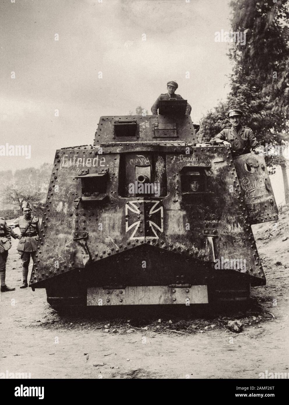 German A7V 'Elfriede' captured by Australian soldiers. 1918 The first tank captured from the Germans, was 'Elfriede'. It was salvaged by the French at Stock Photo