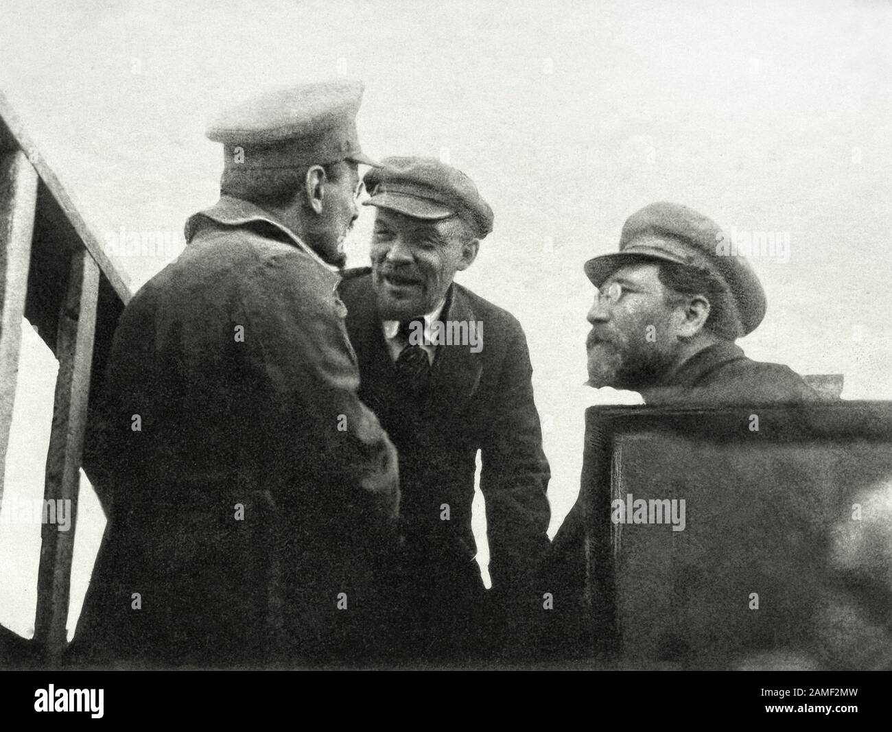 Lenin, Trotsky and Kamenev after their speeches in front of the Red Army, traveling to the Polish front, 5th of May 1920. Stock Photo