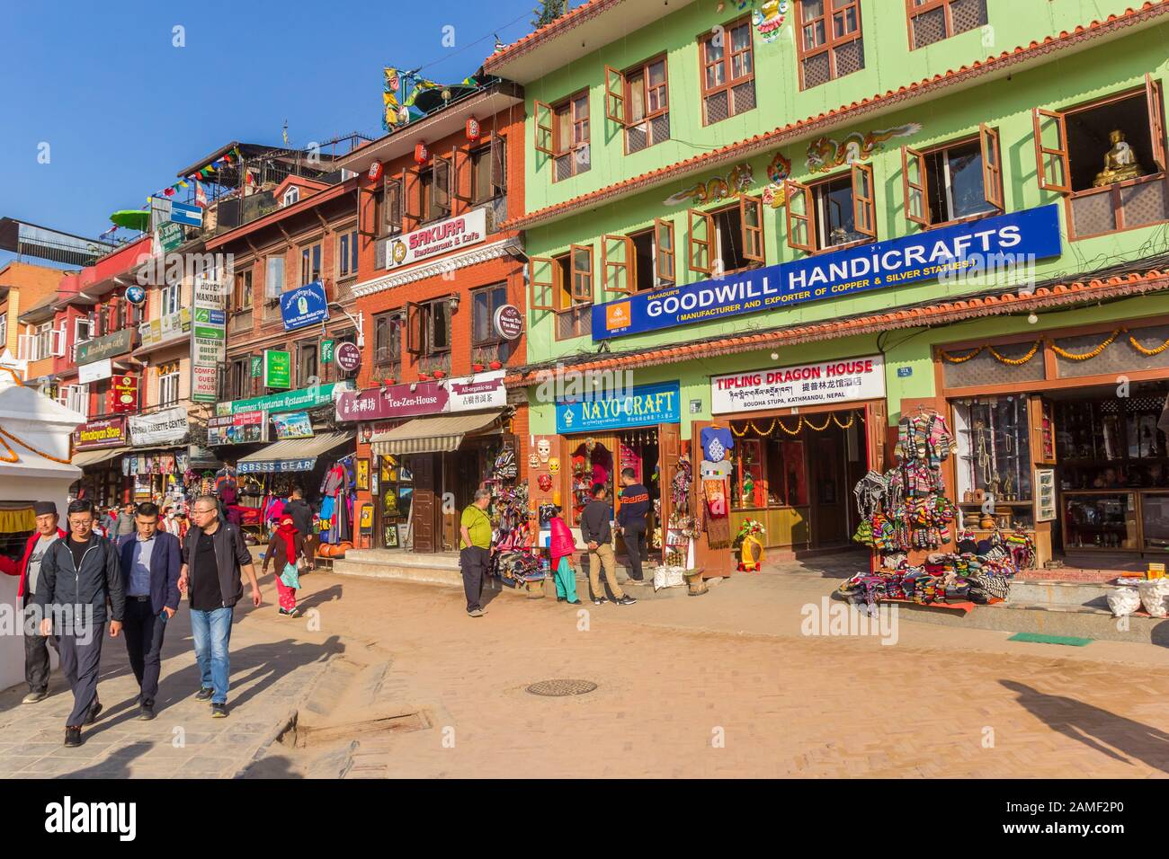 Colorful houses and shops at the Boudhanath stupa in Kathmandu, Nepal