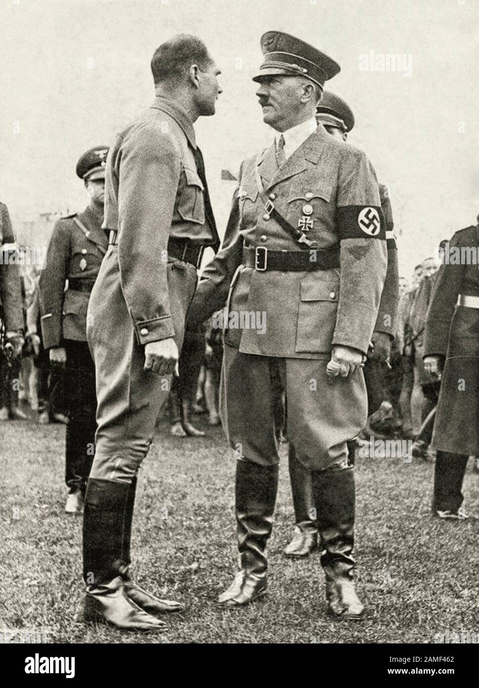 German Nazi Party leader Adolf Hitler and Rudolf Hess (1894 – 1987) a German politician and a leading member of the Nazi Party. 1930s Stock Photo