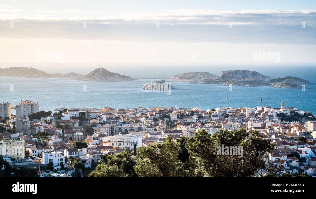 Scenic view of Iles du Frioul or Frioul islands archipelago and Chateau d'If castle with dramatic light in Marseille France Stock Photo
