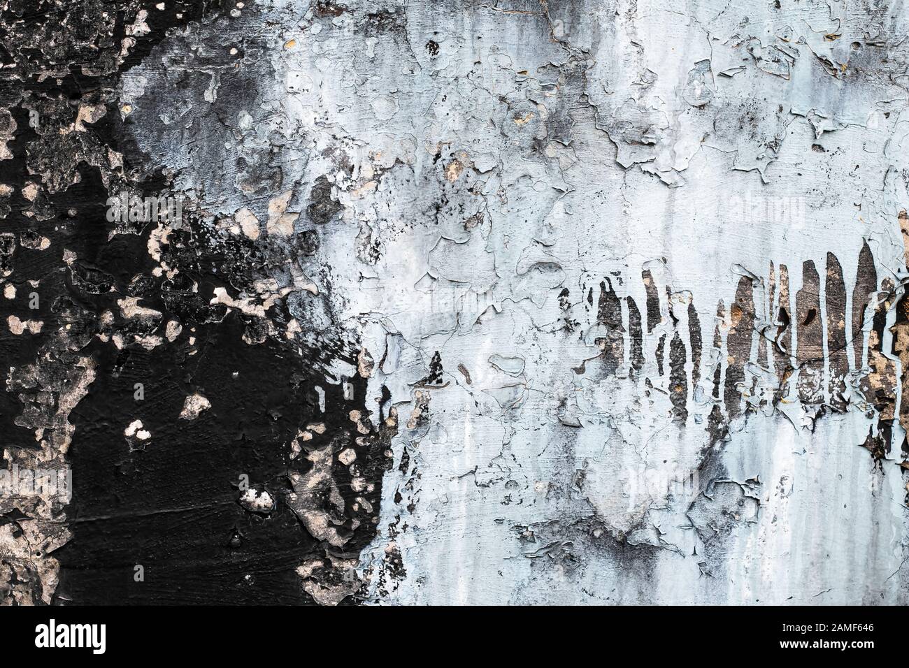 Peeling background. Gray grunge texture. Cement cracked wall. Rough structure. Dripping paint. Old black flaky facade Stock Photo