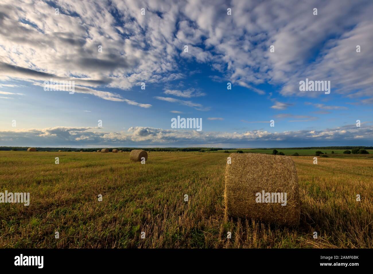 Haystacks on the field in Autumn season. Rural landscape with cloudy ...