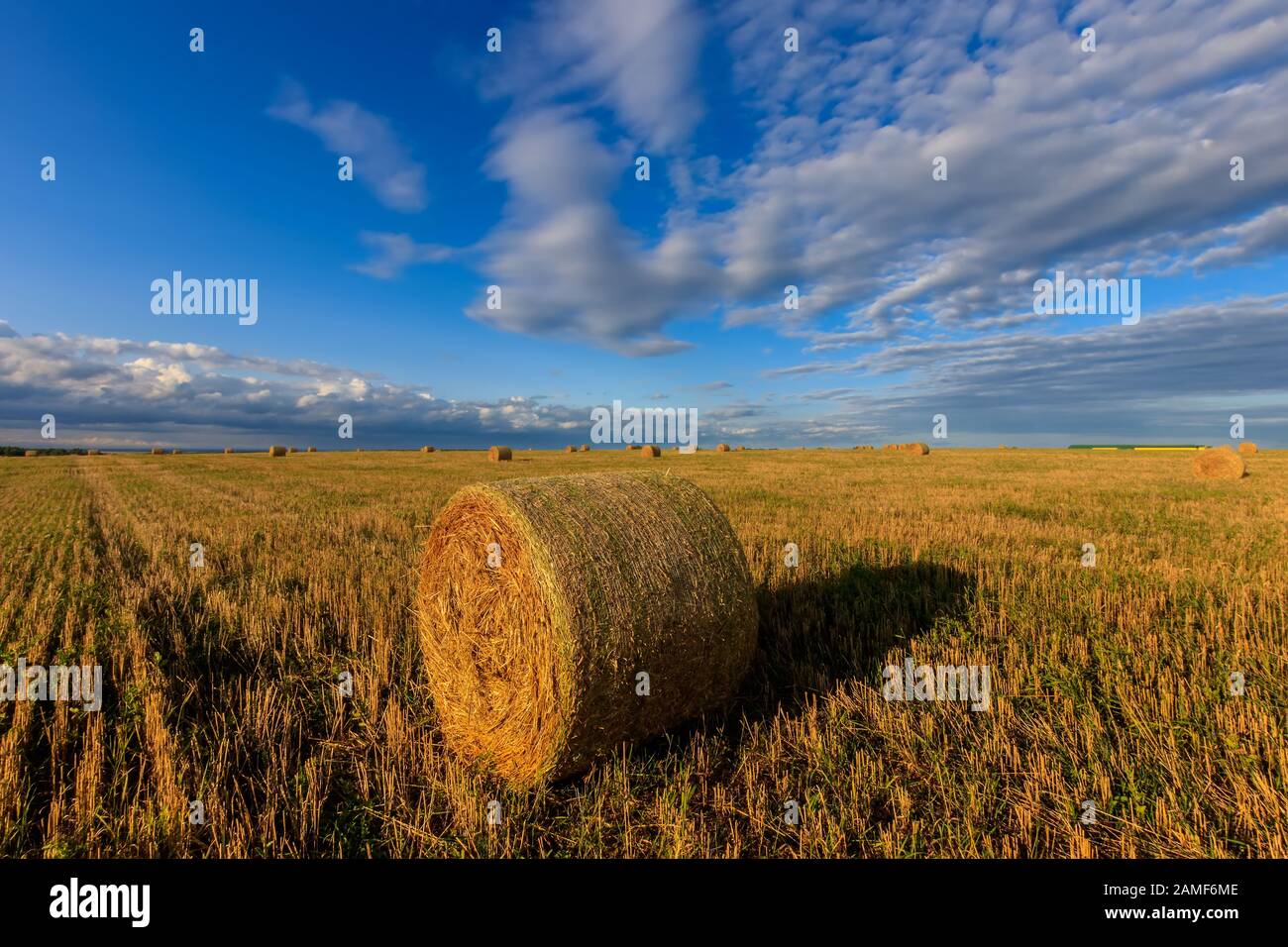 Haystacks on the field in Autumn season. Rural landscape with cloudy ...
