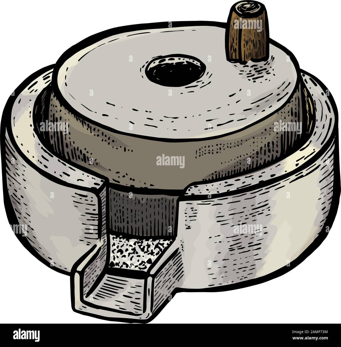 Hand millstones for grain with handle holder. Vintage. Hand realistic