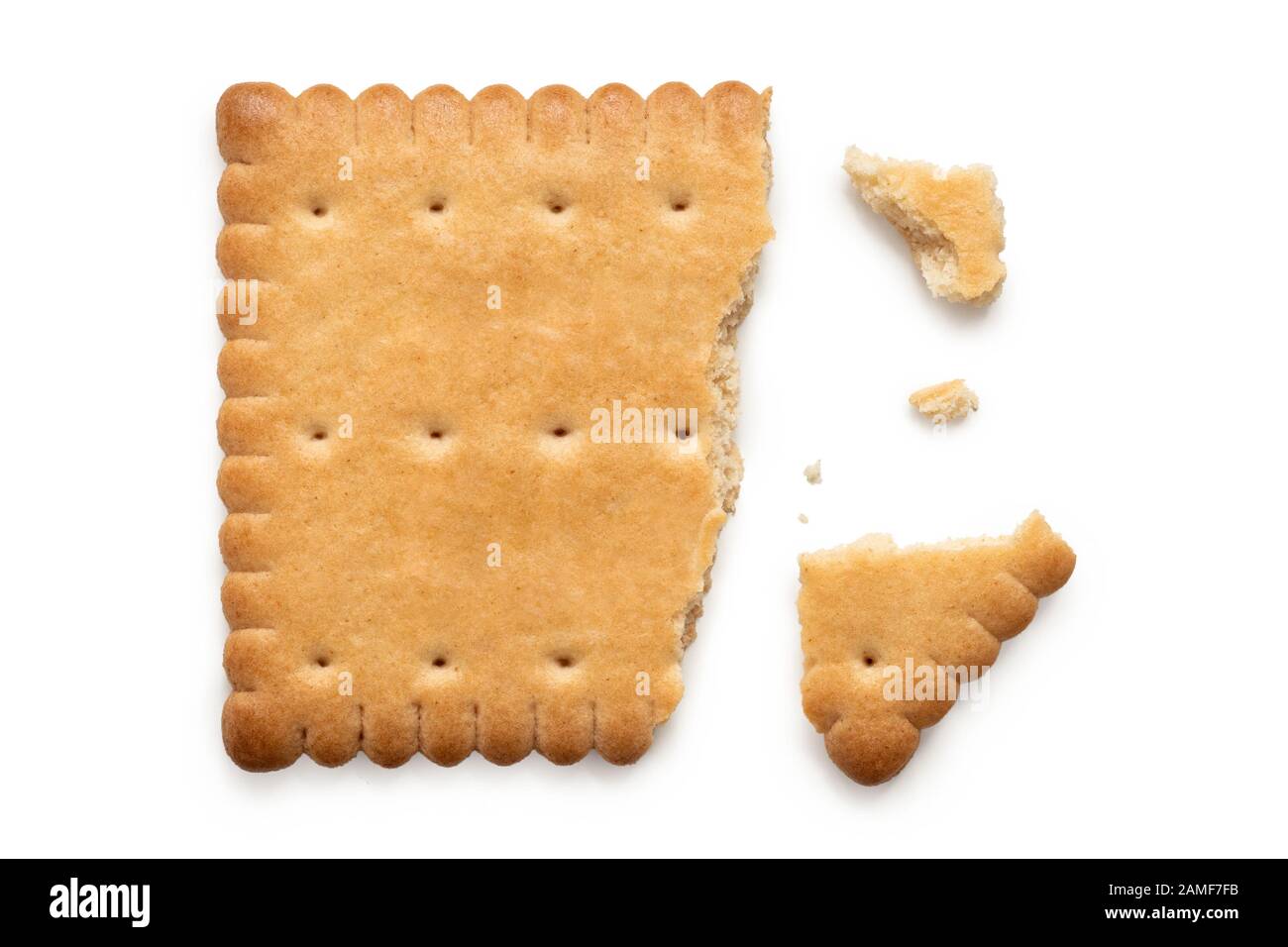 Single broken rectangular butter biscuit isolated on white. Top view. Stock Photo