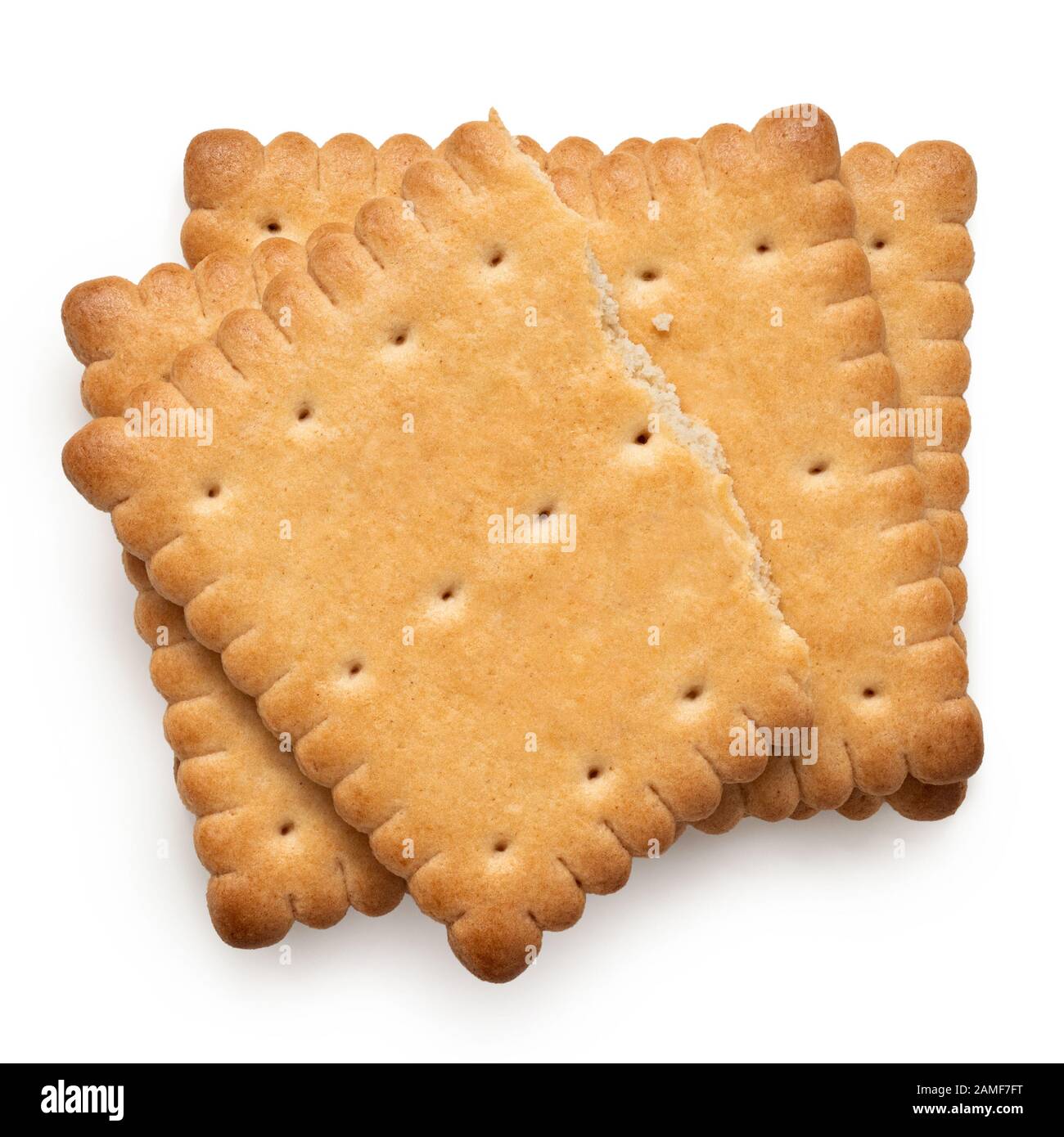 Two and half rectangular butter biscuits isolated on white. Top view