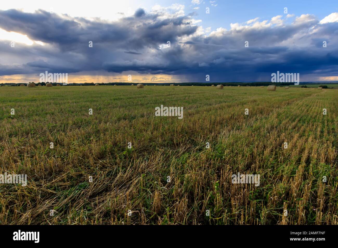 Haystacks on the field in Autumn season. Rural landscape with cloudy ...